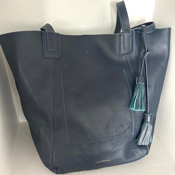 Lucky Brand Navy Blue Pebbled Leather Tote Bag with Teal Interior and Pouch - Picture 5 of 13